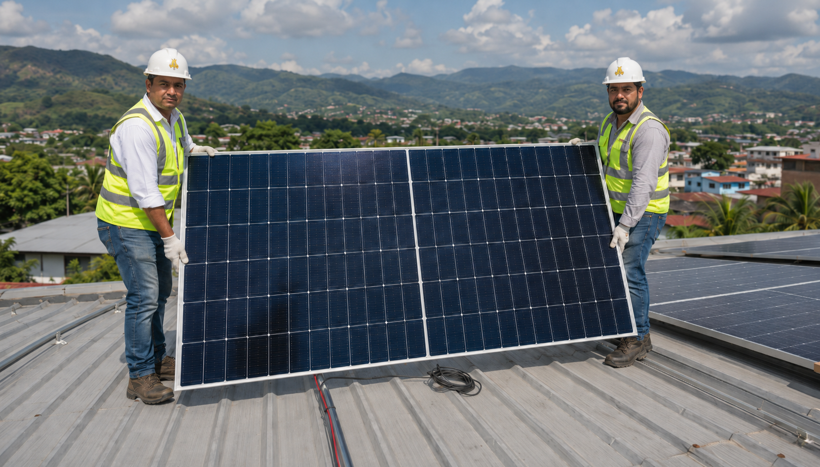 Técnicos de Bee Energy instalando un panel solar en un techo